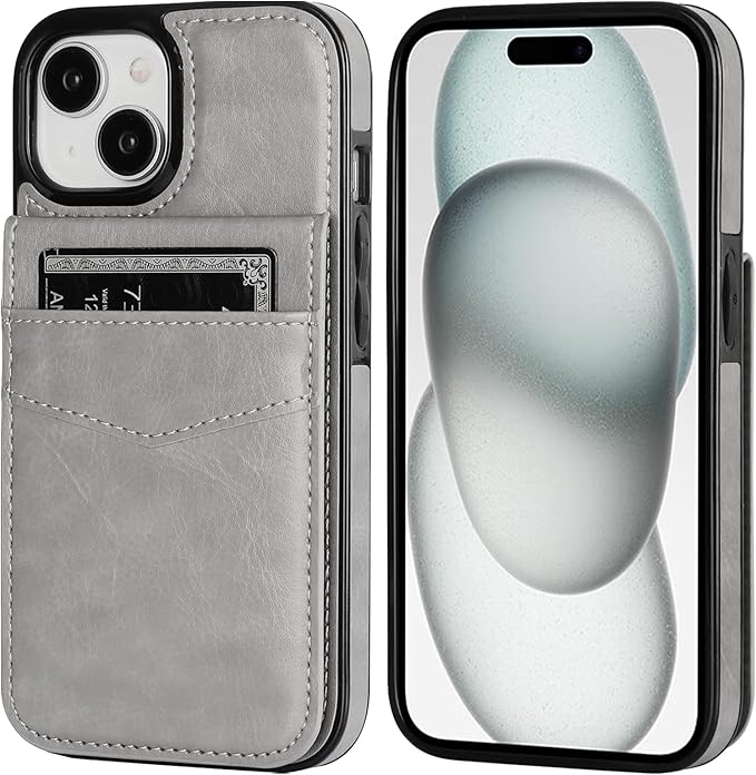 KIHUWEY Compatible with iPhone 15 Case Wallet with Credit Card Holder, Flip Premium Leather Magnetic Clasp Kickstand Heavy Duty Protective Cover for iPhone 15 6.1 Inch (Gray)