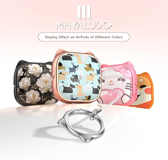 for AirPods 4 Case with Cleaning Kit, Cute Cat Ear Print Design & Cute Buckle, Inverted Phone Holder Design, Top Safe Lock Buckle Design, for Girls AirPods 4 case 2024, Rose Gold Animal