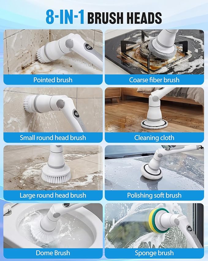 Cordless Electric Spin Scrubber, 4 Angles with 8 Replaceable Brush Heads, Adjustable Handle 3 Speeds with LED Display-90Mins Runtime, IPX7 Waterproof Scrubber Cleaner Brush for Bathtub Bathroom