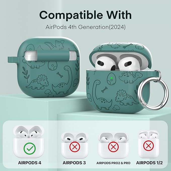 Maxjoy for AirPods 4 Case, Engraved Silicone Cute AirPod 4 Case for Women Men Protective iPod 4 Cover with Keychain Cleaning Kit for AirPods 4th Generation Cover 2024, Dinosaur