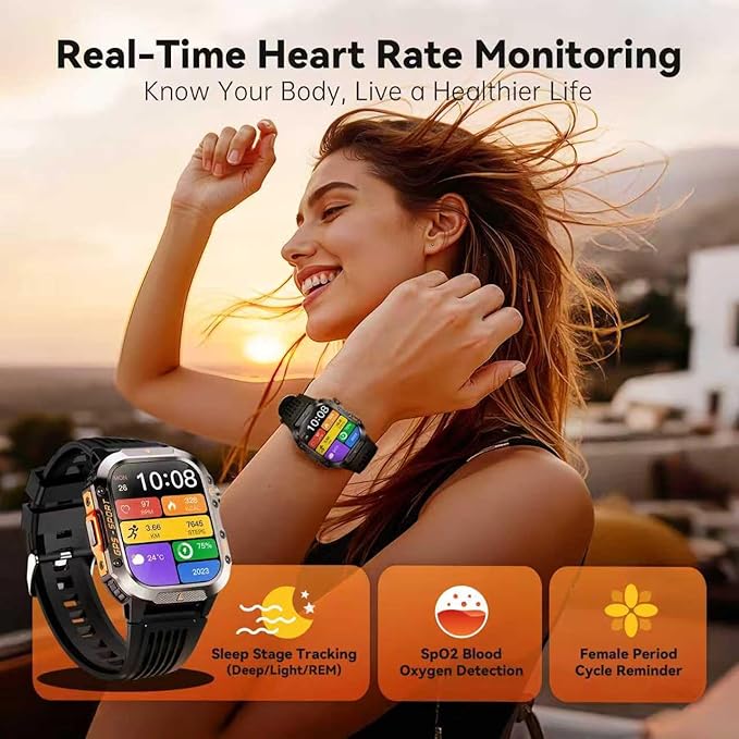 Military Smart Watches for Men, 1.7" Hd Fitness Tracker Ith Multiple Sports Modes, 600mah Battery for Android iOS, Ip68 Waterproof/Spo2 Monitor/Flashlight/Message Alerts (Square Black)
