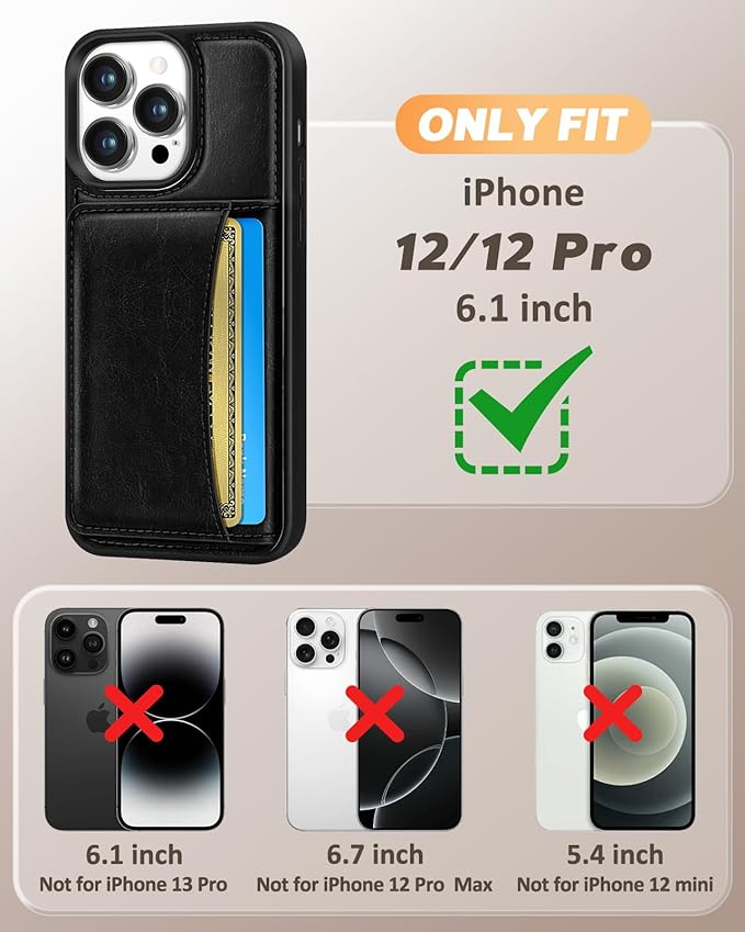 for iPhone 12/12 Pro Case with Wallet - Fits 4 Card Slots, Compatible with MagSafe for Women Men Durable PU Leather Credit Card Holder Kickstand Phone Cover for Apple 12/12 Pro, Black