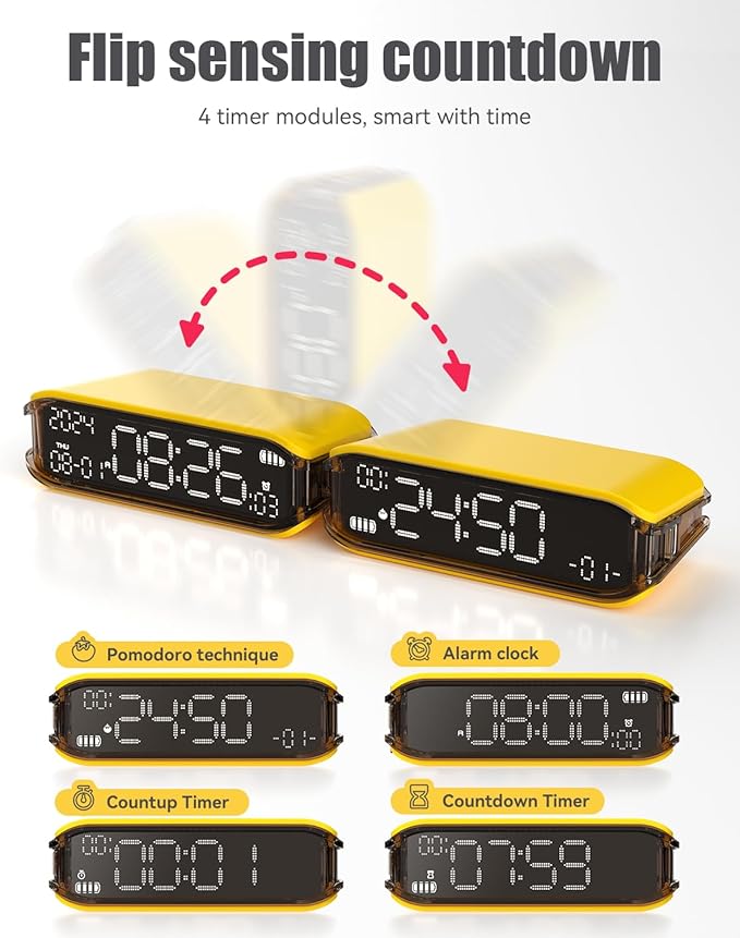 Pomodoro Timer Clock, Desk Timer for Productivity, Rotating to Switch Functions, Real-Time, Countdown, Count-up for Classroom Study, Work, Fitness