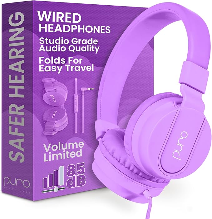 Puro Sound Labs Kids Wired Headphones – Volume-Limiting & Adjustable, Safe & Comfortable Headphones for Kids – Compatible with PCs, Smartphones & Tablets, Ideal for School & Travel – PuroBasic, Purple