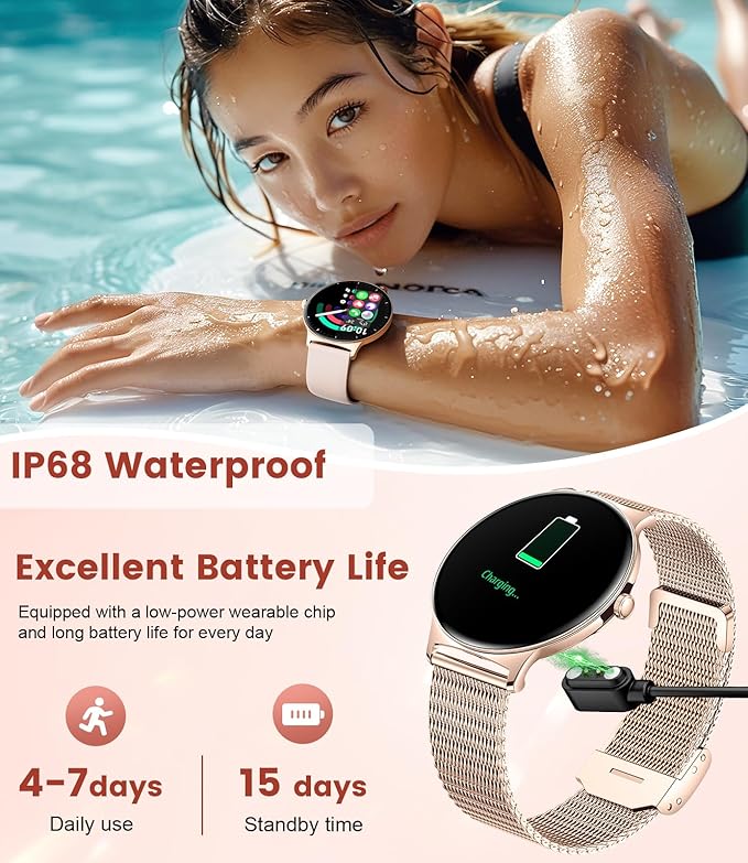 Smart Watches for Women, 1.43" AMOLED Screen Bluetooth Call Smartwatch, 120+ Sports Modes Fitness Tracker, Blood Oxygen Heart Rate Sleep Monitor for Android iOS Gold