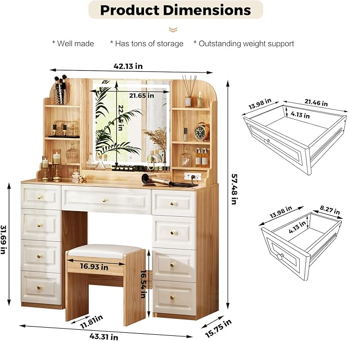 43" Makeup Vanity Desk with Mirror and Lights, & Power Outl, Glass Top Big Vanity Table with 9 Drawers& 8 Storage Shelves, Dressing Table Set with Chair for Bedroom, White+Oak