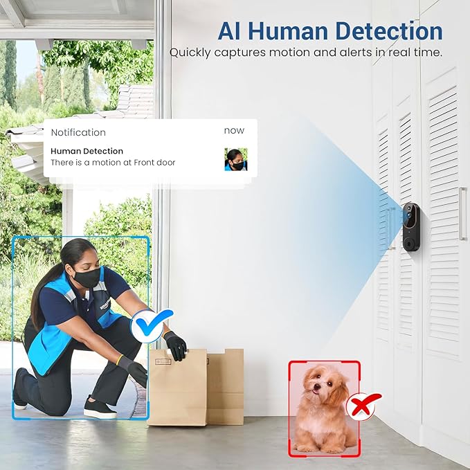 1080P Wireless Video Doorbell Camera, AI Human Detection, Cloud Storage, Two-Way Audio, 2.4GHz Wi-Fi Support, Real-Time Alerts, Easy Installation, Night Vision (Brown)