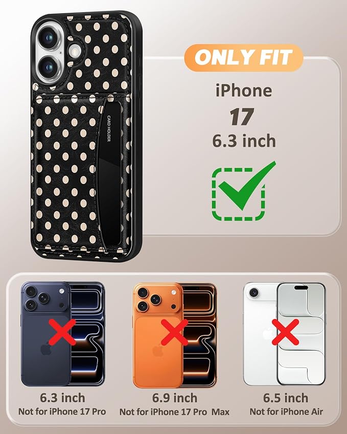 for iPhone 17 Case with Wallet - Fits 4 Card Slots, Compatible with MagSafe for Women Aesthetic Durable PU Leather Credit Card Holder Kickstand Phone Cover for Apple 17, Polka Dots