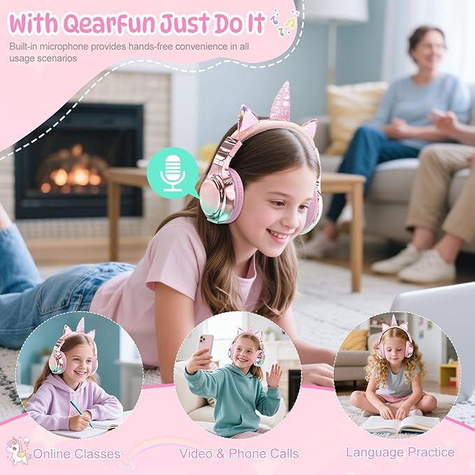 QearFun Kids Unicorn Bluetooth Headphones, 60H Playtime, 74/85/94dB Safe Volume Limit, Metallic Gradient Wireless Headset with Mic, Fast Charging, Foldable, Wired Mode for Girls School/Tablet/Travel