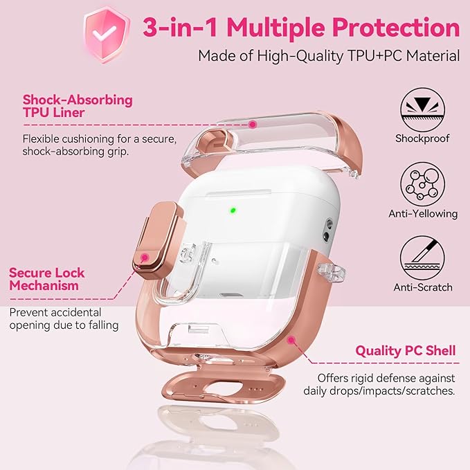 for Airpods Pro 3 Case 2025, Anti-Yellowing Clear Case for Airpods Pro 3 with Secure Lock & Phone Stand, Soft TPU Drop Protection Cover with Cleaning Kit (Rose Gold)