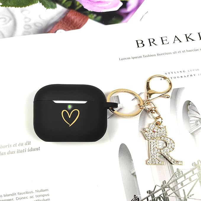 Compatible with AirPods Pro 3 Case Cover (2025), Soft Silicone Case with Gold Heart Pattern for AirPods Pro 3rd Generation Case with Rhinestone Studded Letter A-Z Keychain (R Black)