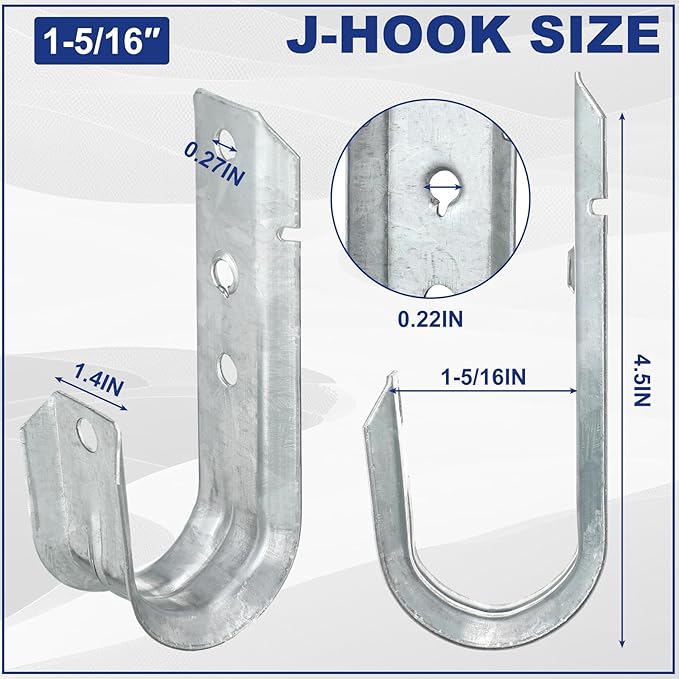 Gisafai 50 J Hooks for Hanging, Heavy Duty J Hooks, Metal Cable Hook for Wire Management, Ul Certification, G60 Galvanized Steel (1/5-16 Inch)