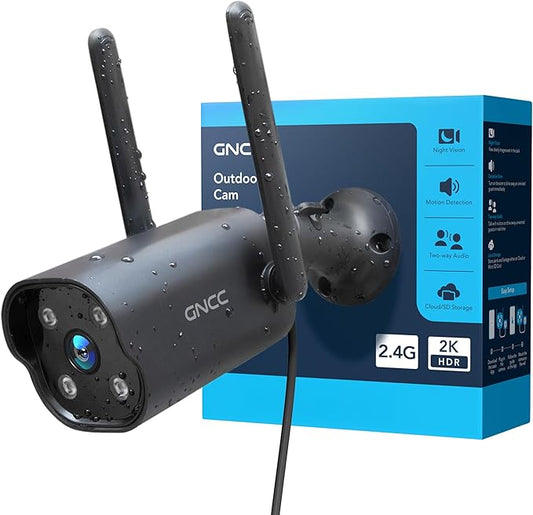 GNCC Security Camera Outdoor, 2K Cameras for Home Security, Color Night Vision, Motion Detection, 2-Way Audio, 24/7 Recording, Cloud & SD Card Storage, IP65 Waterproof, 2.4GHz WiFi (Black-1P)