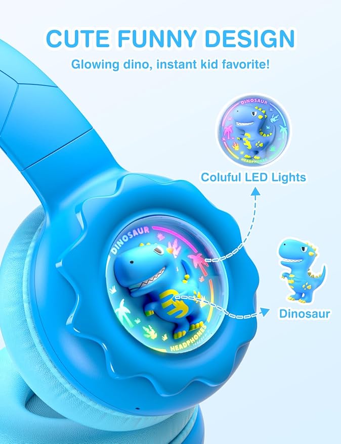 Kids Bluetooth Headphones, Rainbow LED Light, Dinosaur Buddy, 85dB Volume Limited, 60 Hours Playtime, Bluetooth 5.3, USB C, Kids Wireless Headphones for iPad/Tablet/Travel/School, Durable