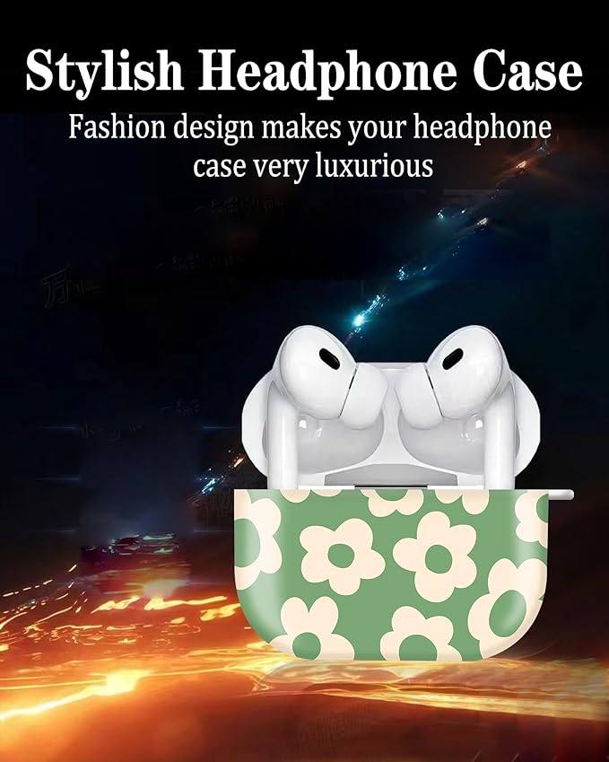 Compatible with Airpod pro 2nd/1st Generation Case Cover with Gold Round Keychain Cute Pattern Hard & Anti Slip Cover for Men Women & Girls(Green Flower)