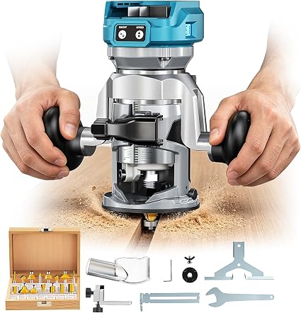 DIYTOOLIFZ Cordless Compact Router Compatible with Ma-kita Battery(Tool Only), with Double-Handle Router Fixed Base,800W 30000 RPM Brushless Wood Router, 15 Router Bits