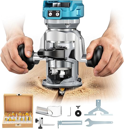 DIYTOOLIFZ Cordless Compact Router Compatible with Ma-kita Battery(Tool Only), with Double-Handle Router Fixed Base,800W 30000 RPM Brushless Wood Router, 15 Router Bits