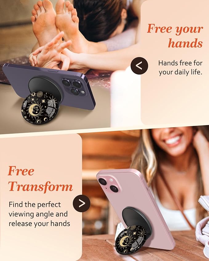 Kidcube Magnetic Phone Grip Compatible with Magsafe - Cell Phone Grip Stand Magnetic Ring Holder Finger Kickstand for iPhone 16 15 14 13 12 Series Magnet Removable Accessories Cute Black Sun Moon