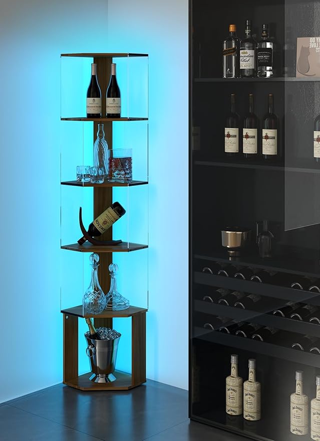 6 Tier Corner Display Rack with Light Clear Arylic Corner Shelves 63in Tall Cabinet with Dimmable LED Light for Display Curio Cabinet