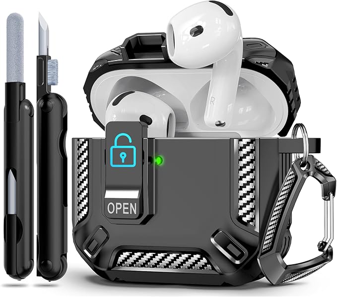 for AirPods 4 Case, Secure Lock Case Compatible with Apple AirPods 4th Gen 2024 for Men Women, Shockproof Protective Cover with Cleaning Kit & Keychain, Ultra Slim, Anti-Scratch, Black