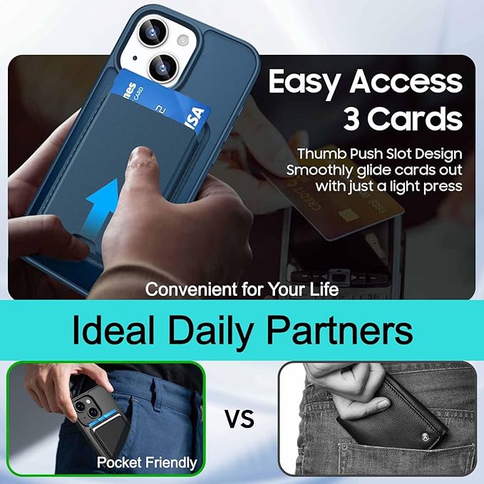 Magnetic for iPhone 14 Case & iPhone 13 Case with Card Holder, Compatible with MagSafe, Slim Shockproof Phone Cover with Detachable Wallet, Built-in Magnet Ring, Deep Blue