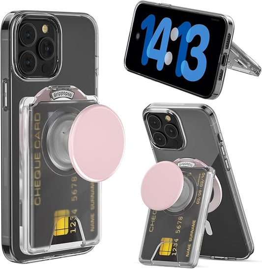 for MagSafe Wallet Stand, Magnetic Wallet Stand Adjustable, Phone Stands Card Holder with Secure Grip, for Samsung S25 S24 S23 Series and for iPhone 17 16 15 14 13 Series, Fit 3 Cards,Translucent Pink