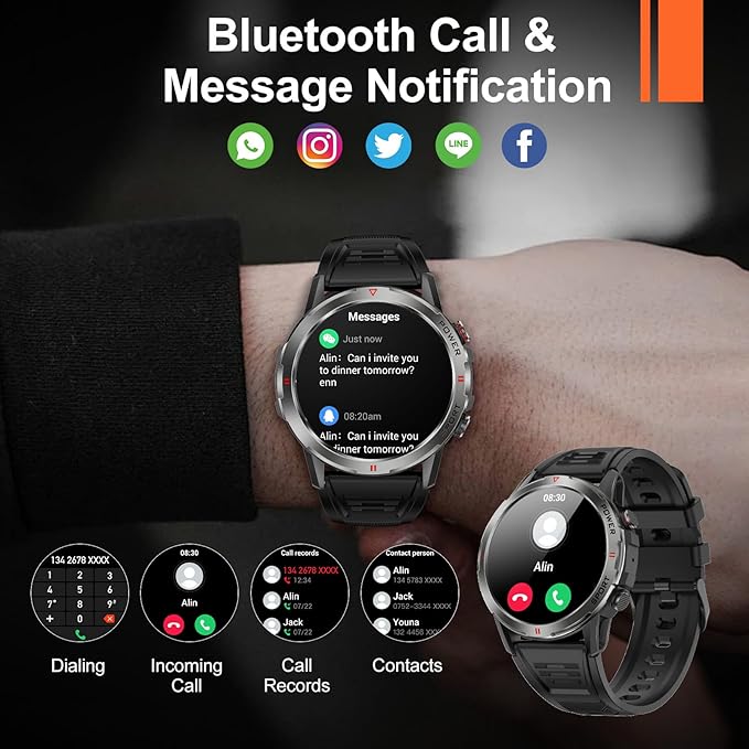Smart Watch for Women Men, 1.43" AMOLED Smartwatch with Bluetooth Calling Heart Rate/Blood Oxygen/Sleep/Stress Monitoring Multi Sports Modes IP68 Waterproof (Black)