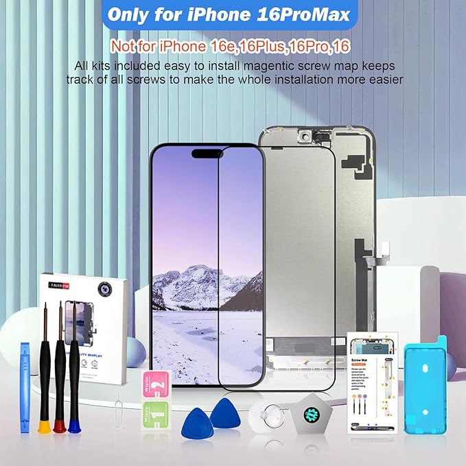 EFAITHFIX for iPhone 16 Pro Max Screen Replacement 6.9 Inch LCD COF 3D Touch Display Full HD Digitizer Frame Assembly (A3084,A3295,A3296,A3297) with Repair Tools, Screen Protector, Waterproof Adhesive