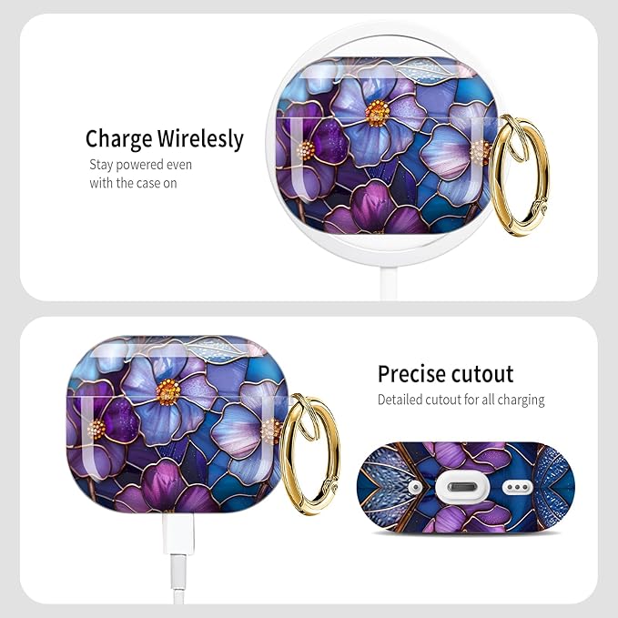Cute Hard Case Compatible with AirPods Pro 3rd Generation Case (2025), Shockproof Protective Cover with Golden Keychain Ring Clip (Purple Flower)