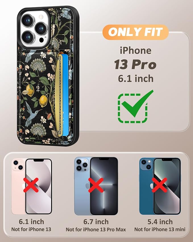 for iPhone 13 Pro Case with Wallet - Fits 4 Card Slots, Compatible with MagSafe for Women Aesthetic Durable PU Leather Credit Card Holder Kickstand Phone Cover for Apple 13 Pro, Lemon Bird