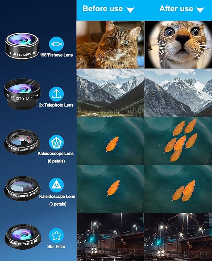 10 in 1 Phone Camera Lens Kit Compatible with iPhone & Samsung and Most of Smartphone - Wide/Macro/Telephoto/Fisheye + CPL/Star Filters, for iPhone & Android, HD Pouch Universal Phone Lens Clip