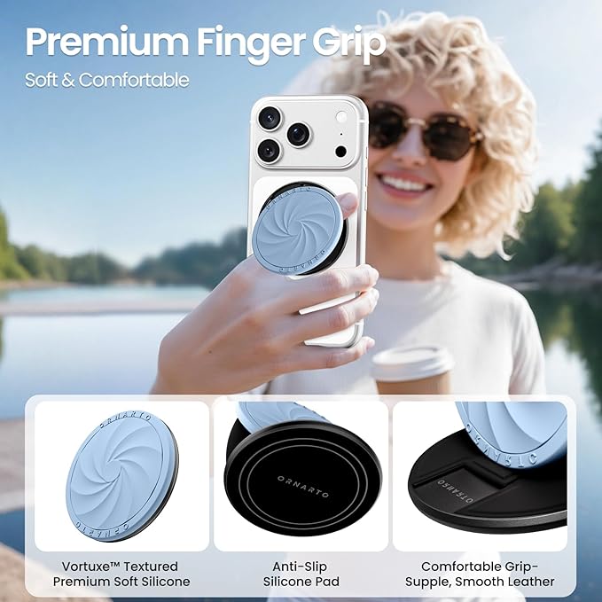 ORNARTO Vortuxe for MagSafe Phone Grip with Kickstand, Soft Liquid Silicone Finger Loop Grip, Phone Ring Holder for Back of Phone, Premium Build & Comfy Touch, Sky Whisper