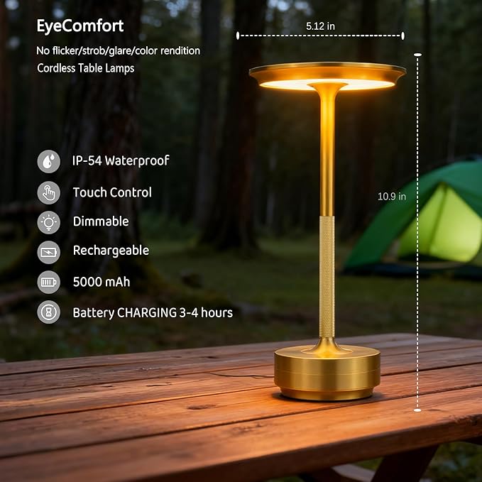 Cordless Table Lamp Rechargeable - 5000mAh Battery Operated LED Table Light with Touch Stepless Dimming & 3 Color Modes - Portable Gold Metal Outdoor Lamp for Patio, Restaurant, Bedroom