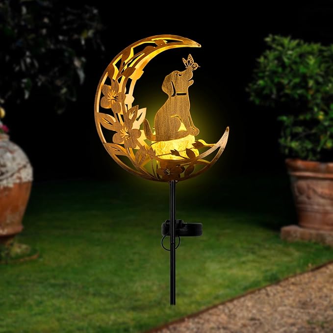 JOBOSI Solar Moon Dog Decorative Light Gifts, Solar Moon Dog Moving Decorative Ground Stake Light, Mother's Day Gift， Gift for Women Mom Grandma, Garden Lawn Decor Christmas & New Year Gift