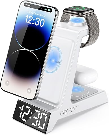 ANJANK 4 in 1 Alarm Clock with Wireless Charging, Wireless Charger Station for Multiple Devices Apple,Charging Dock for iPhone 18 17 16 15 14 13 Pro Max Series, Apple Watch, AirPods Pro 3/Pro 2/5/4/3