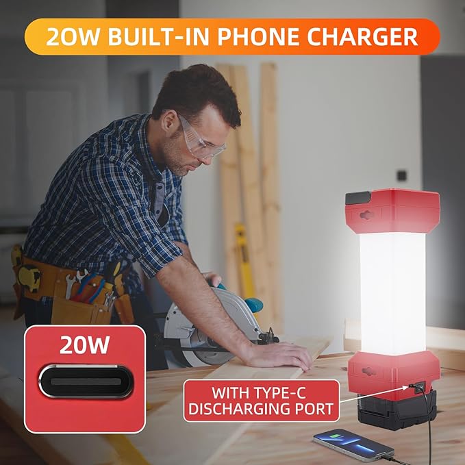 LED Work Light for Milwaukee m18 18v Battery, 2900LM Outdoor LED Camping Lantern, 2 Modes Portable Inspection Light for Car Repair,Workshop, Hide Hand and Type-C Charging Port
