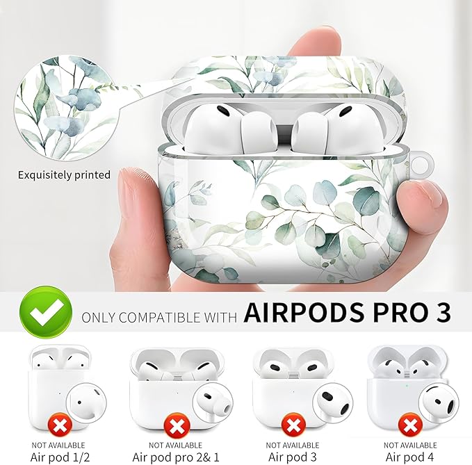 Compatible with AirPod Pro 3 (2025),Cute Case Cover for Women & Men, Full Protection Shockproof Hard Case with Keychain, Wireless Charging Case Accessories(Watercolor Leaves)
