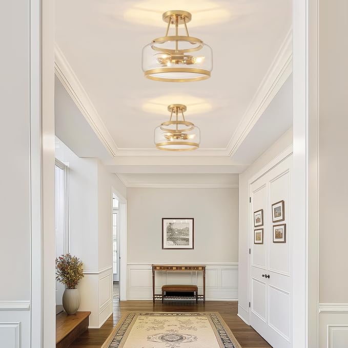 11.81" Brushed Gold Semi Flush Mount Ceiling Light, Modern Glass Drum Light Fixtures, 3-Light Golden Ceiling Lights for Hallway Entryway Bedroom Laundry Room Kitchen Dining Room Lighting, UL-Listed
