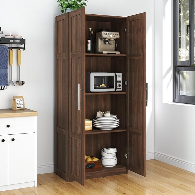 KEIKI 70.87" Tall Kitchen Pantry Storage Cabinet with 2 Door and Shelves, Freestanding Wood Hutch Food Pantries Cupboard for Coffee Bar, Dining Room, Living Room, Walnut