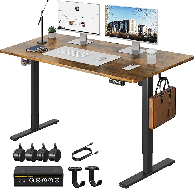 55x28 Large Electric Standing Desk Adjustable Height Stand Up with Lockable Wheels 27.6" Deep Ergonomic Sit Stand Desk for Home Office Work Computer Desk Workstation