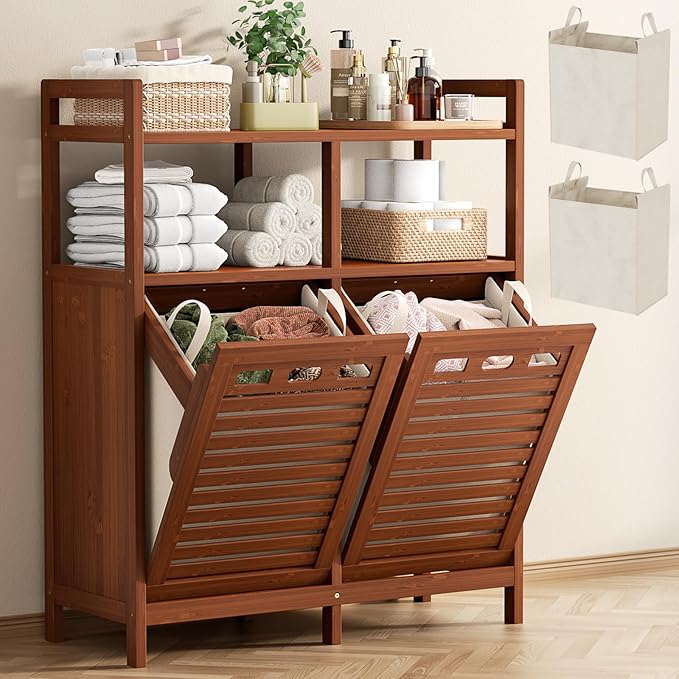 Homykic Tilt Out Laundry Hamper Cabinet, Bamboo Double Laundry Hamper with 2 Removable Laundry Baskets, 20 Gal Laundry Sorter Organizer with Shelf for Dirty Clothes, Bathroom, Laundry Room, Walnut
