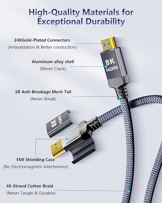 HDMI 2.1 Cable ARC/eARC Cable for Soundbar to TV, Certified Ultra High Speed HDMI Cable Braided-8K@60Hz,4K@120Hz,48Gbps,HDCP 2.3,HDR 10,Compatible with PS5/Xbox/RTX 4090/Monitor(6.6FT Grey)