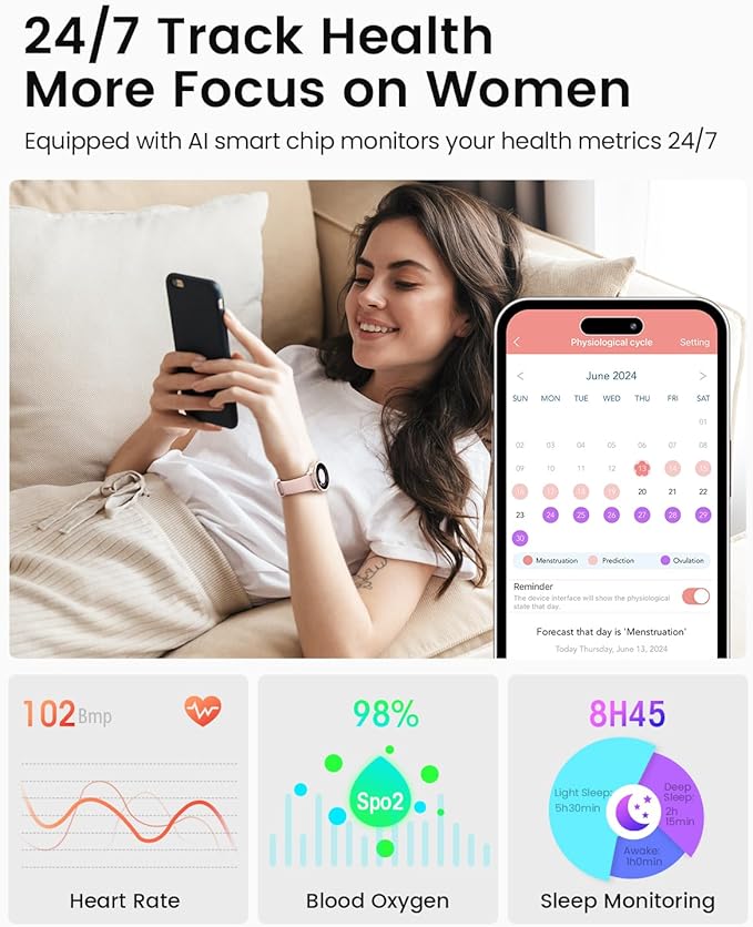 Smart Watches for Women(Answer/Make Calls), 1.27'' AMOLED Screen Activity Trackers with Heart Rate/Sleep/SpO2 Monitor, Smartwatch for iPhone/Samsung/Android, 120+ Sport Modes IP68 Fitness Watch Pink