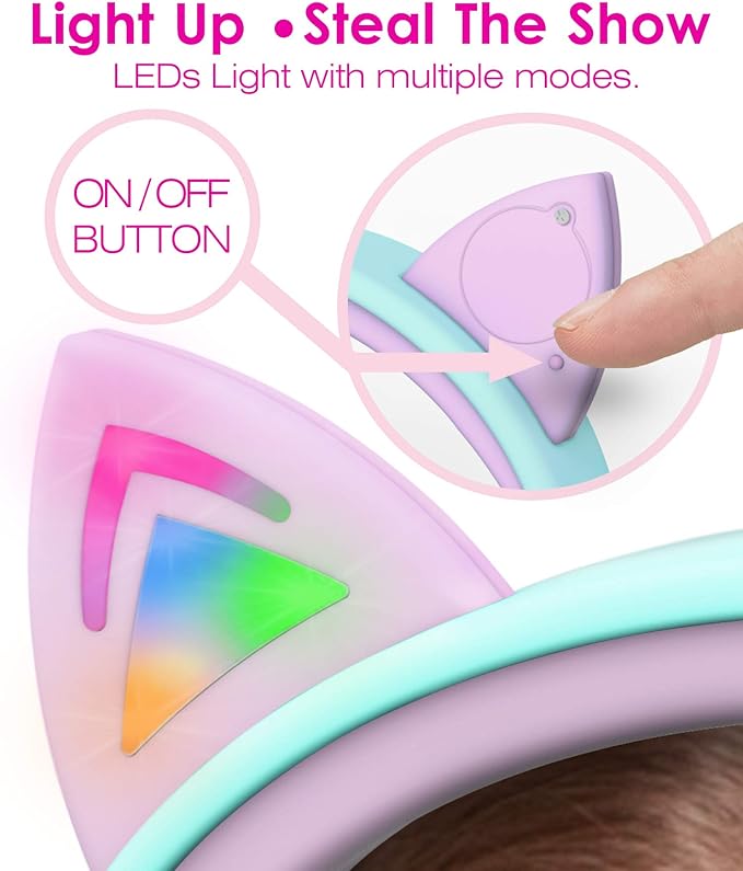 FosPower Kids Headphones with LED Cat Ears (85dB Safe Volume Limit), 3.5mm Soft On-Ear Wired Headphones with Tangle-Free Laced Cables for iPad/Tablet/School/Travel - Teal/Light Purple