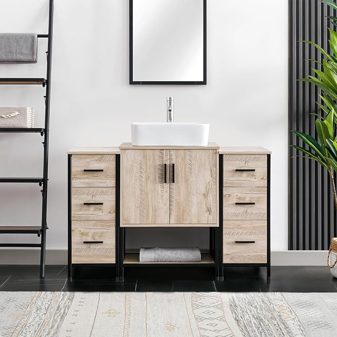 eclife 48" Bathroom Vanity Sink Combo Modern Metal Stand Cabinet W/Bottom Shelf & Storage Side Cabinets White Rectangle Vessel Sink & Water Save Faucet & Pop Up Drain, Oak (T03)