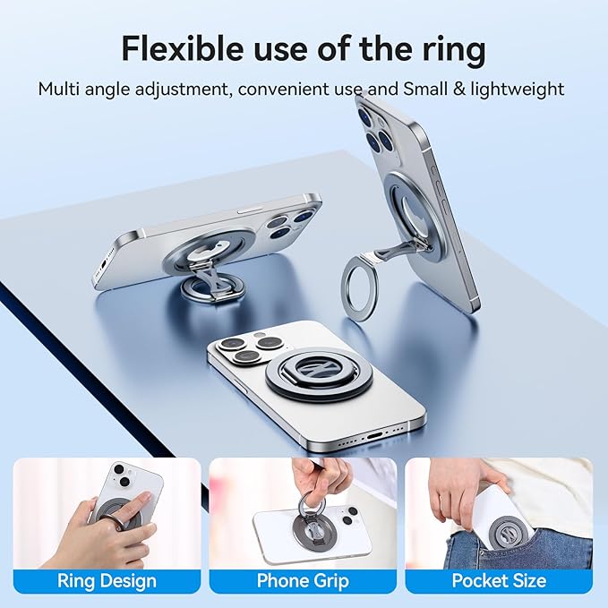 Ultra-Light Dual Sided Magnetic Phone Holder,Car Mount, 360 ° Rotation Finger Ring Holder,Foldable Magnetic Cell Phone Grip Stand Removable Phone Kickstand for All Phones MagSafe Accessories
