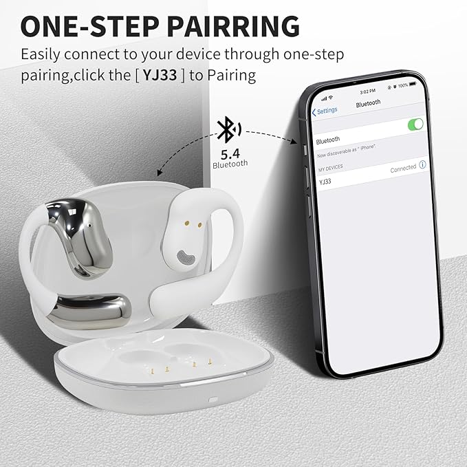Open Ear Earphones with Touchscreen, Bone Conduction Wireless Earbuds Bluetooth 5.4, 68H Playtime with Charging Case, Over Headphones with Silicone Ear Hooks, for Outdoors Fitness Sport (White)