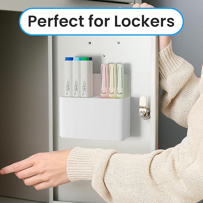 3 Pack Magnetic Pen Holder, Wall Mount Magnetic Dry Erase Marker Holder with Large Compartments, Self Adhesive Marker Pen Pencil Organizer for Whiteboard Fridge Locker Accessories (White)