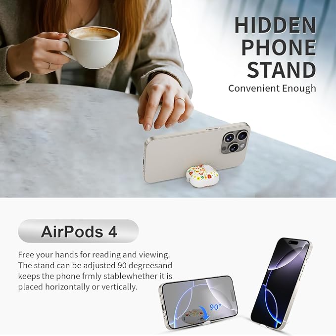 for AirPods 4 Case with Secure Lock Clip in Phone Stand,Floral Girly Style Protective Cover with Cleaning Kit and Hand Strap for Apple AirPod 4 Generation (Sunflower Petals)