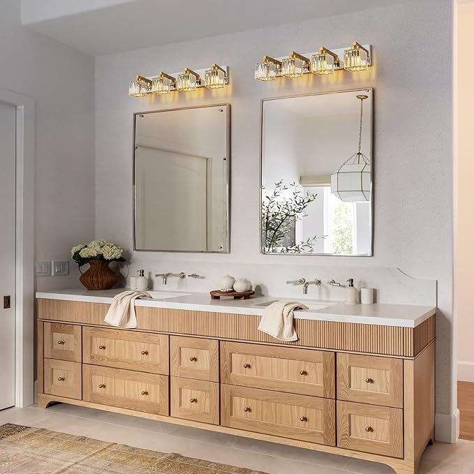 Crystal Bathroom Vanity Light Gold Chrome 4-Light Modern Chrome Vanity Light for Bathroom Square Wall Sconce